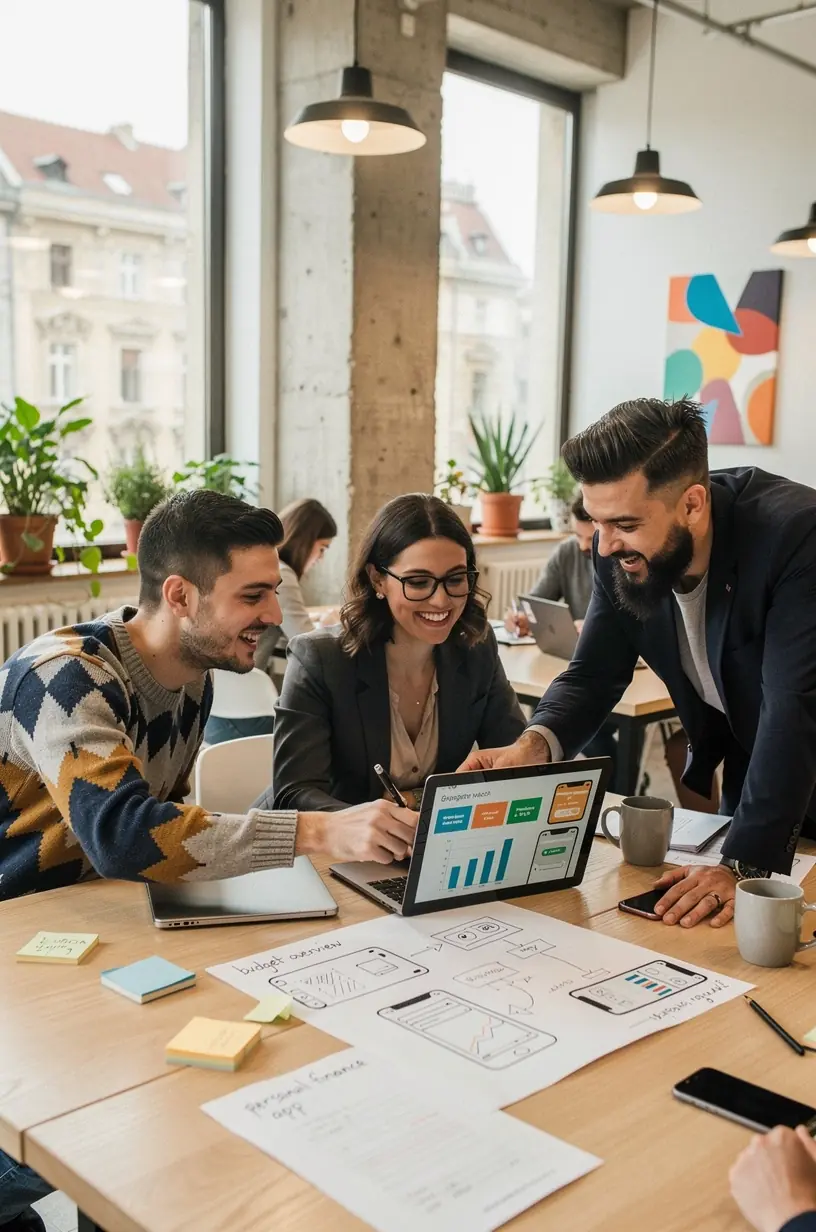 Pénzügyi szakember magyarázza a költségvetés készítés alapjait egy kis csoportnak.